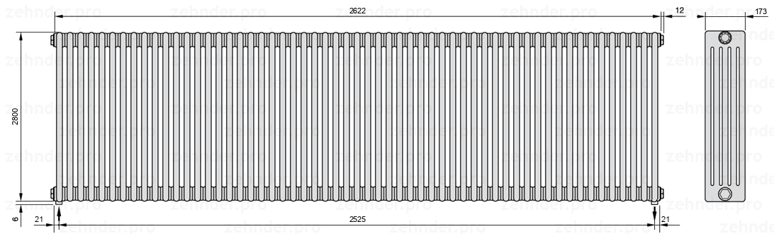 Схема (чертеж) Радиатор Zehnder Charleston 5280/57 №3570 Белый глянцевый RAL 9016